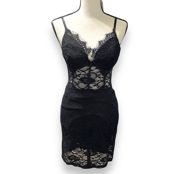 Haute Monde Women Allover Lace Sweetheart Corset Bodycon Mini Dress Black Medium - Picture 1 of 12